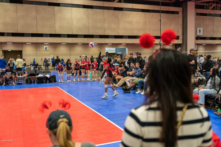A volleyball player serves the ball in an indoor gymnasium, surrounded by teammates, spectators, and coaches.