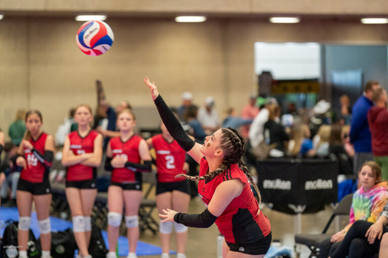 A volleyball player, wearing a red uniform, serves the ball while teammates and spectators watch in an indoor court.