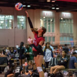 A volleyball player in a red jersey prepares to serve during an indoor match. Other players and spectators are seen in the background.