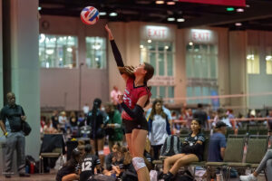 A volleyball player in a red jersey prepares to serve during an indoor match. Other players and spectators are seen in the background.
