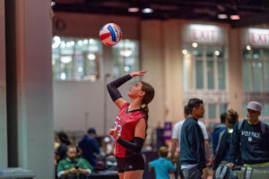 A volleyball player in a red and black uniform prepares to serve the ball during an indoor match. Several people are visible in the background.