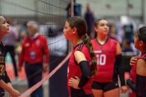Four female volleyball players, two in black and two in red jerseys, face each other across the net, seemingly about to start a match. A person in a red top stands in the blurred background.