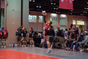 A volleyball player in a red jersey is mid-jump preparing to serve during an indoor game, while teammates and spectators watch.
