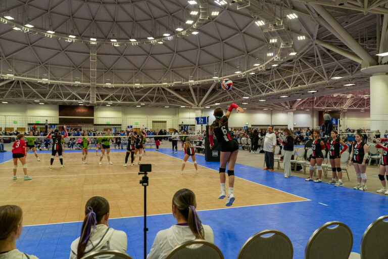 Indoor volleyball match with players in action. A player jumps for a serve as teammates and opponents prepare. Spectators and referees are present in a large, well-lit sports venue.