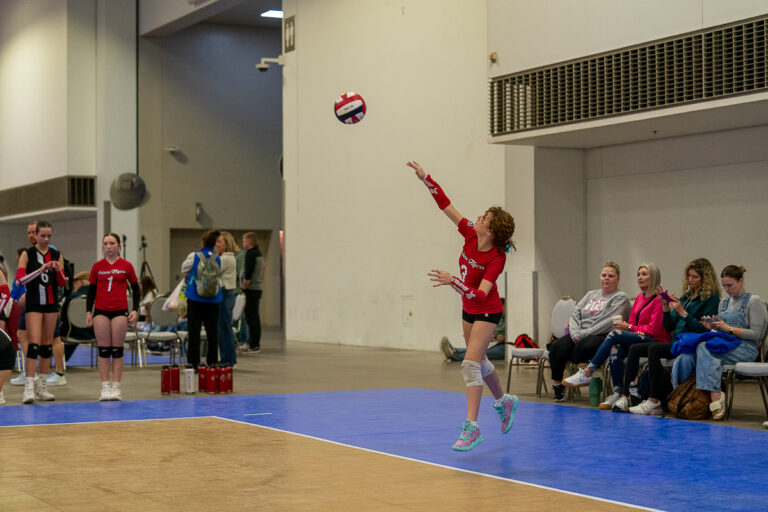 Player in a red jersey serves a volleyball indoors, as seated spectators and teammates watch from the sideline.