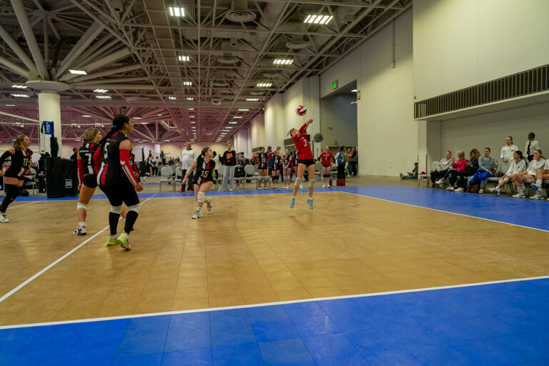 Indoor volleyball match with players in black and red uniforms. A player jumps to hit the ball. Spectators watch from the sidelines.
