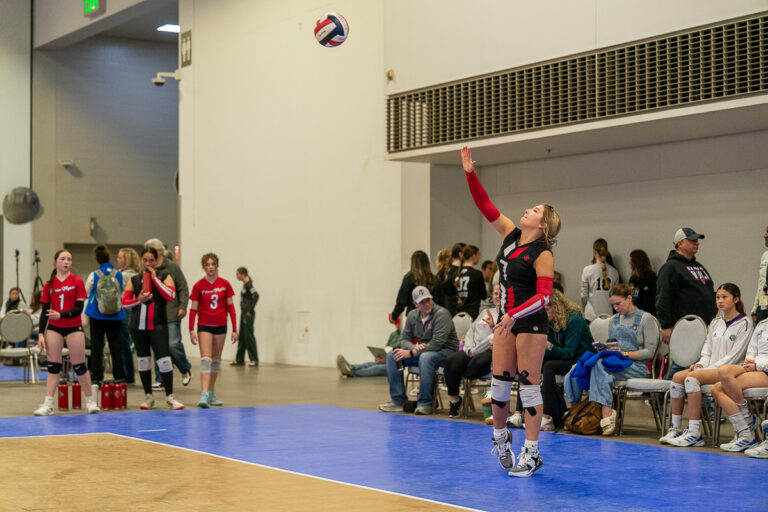 A volleyball player in a red and black uniform serves the ball indoors while teammates and spectators are in the background.