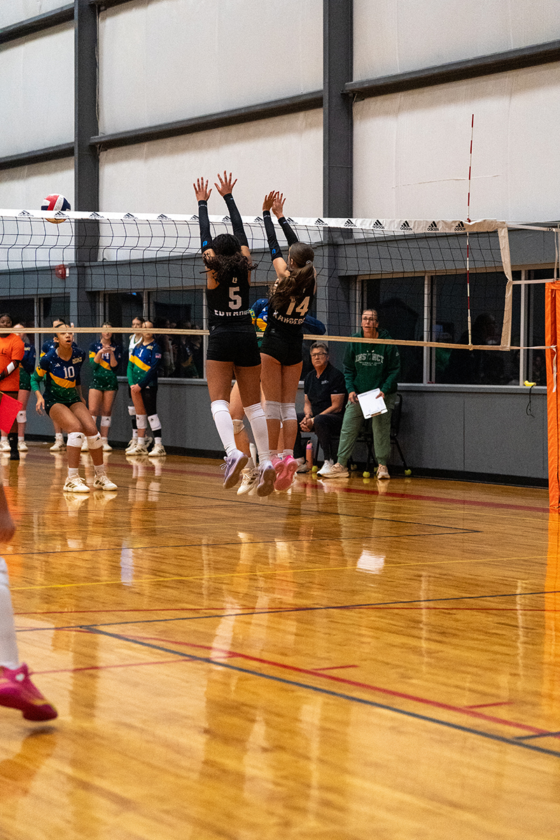 Two volleyball players in black jerseys jump to block at the net while teammates and opponents watch during an indoor match.