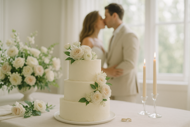 A cake adorned with flowers captures the romance of a couple kissing, perfect for destination wedding photography.