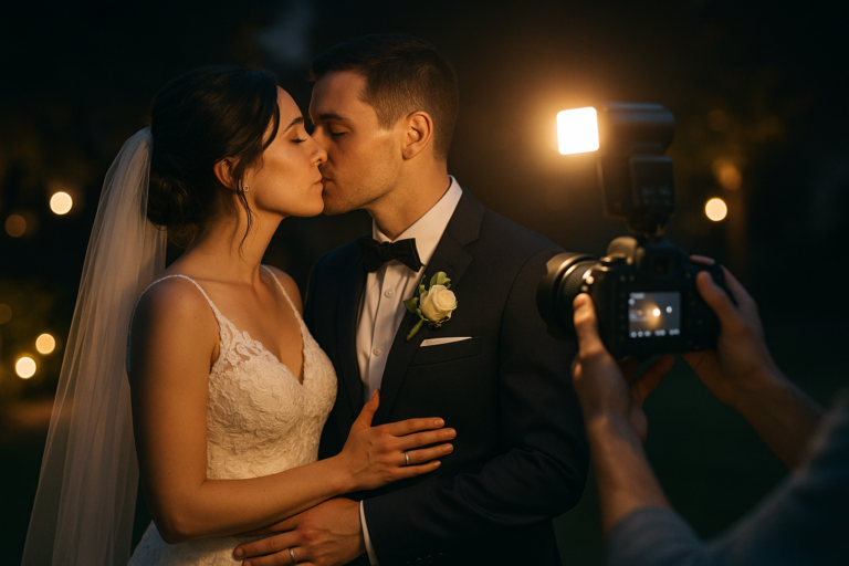 A bride and groom share a kiss at night while being photographed, showcasing beautiful wedding photos with the groom in a dark suit and the bride in a lace gown and veil captured through expert low light photography.
