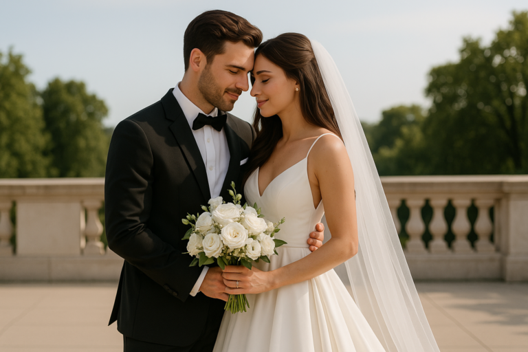 A bride and groom in formal wedding attire stand close together outdoors, with the bride holding a bouquet of white flowers. Trees and a stone railing are visible in the background, offering classic wedding poses and photoshoot ideas.