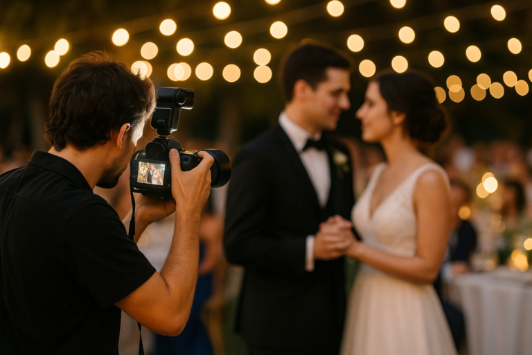 A photographer capturing moments of a couple dancing at an outdoor wedding reception, with string lights glowing in the background.