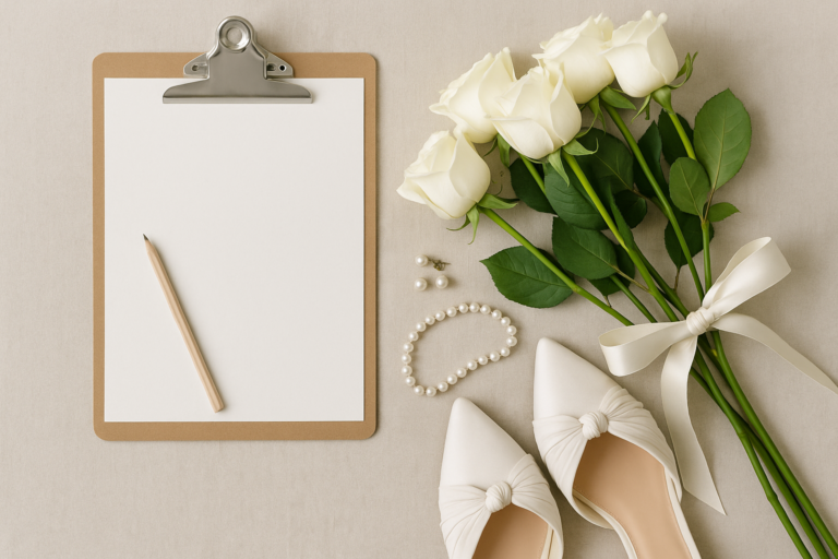 A blank clipboard with a pencil, a bouquet of white roses, a pearl necklace, pearl earrings, and white shoes are arranged on a light surface—perfect for your wedding photoshoot preparation checklist.