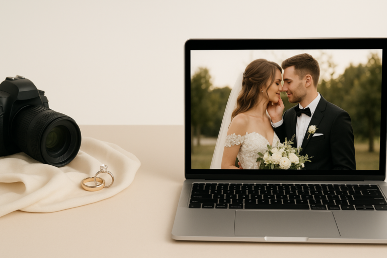A camera and wedding rings rest on fabric beside a laptop displaying a bride and groom in wedding attire embracing outdoors—capturing the essence of 2026 trends in wedding photography.