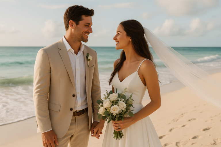A bride and groom stand on a sandy beach, holding hands and smiling at each other during their beautiful beach wedding. The bride holds a bouquet of white flowers and wears a veil, while the groom wears a light suit.