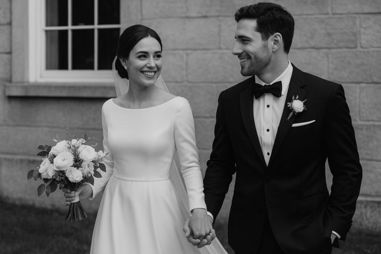 A bride in a white dress and a groom in a black tuxedo hold hands and smile at each other outside near a stone building, capturing a timeless moment perfect for any Wedding Photography Guide or Black and White Photography collection.