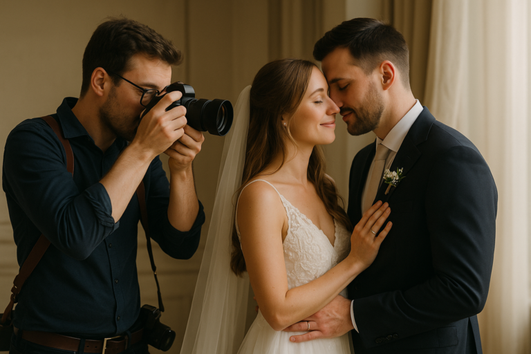 A photographer, mastering photography, captures a picture of a bride and groom in wedding attire, standing close together indoors.