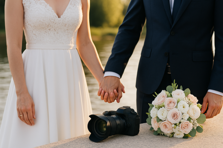 A bride and groom hold hands outdoors near water, with a bouquet of pastel roses and a camera placed on a stone ledge—a perfect moment to remember when choosing your wedding photography package.