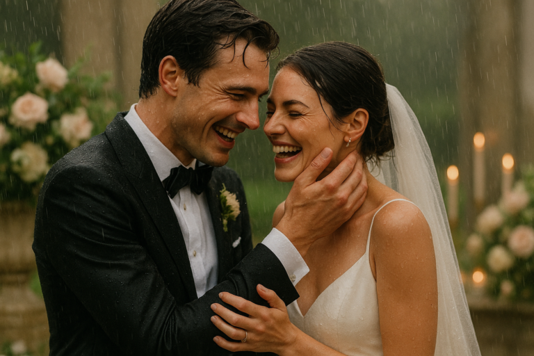 A couple in formal wedding attire smiles and embraces in the rain, surrounded by floral arrangements and candles, capturing the magic of rainy wedding photography with inspiration from Charlie Patric's tips.