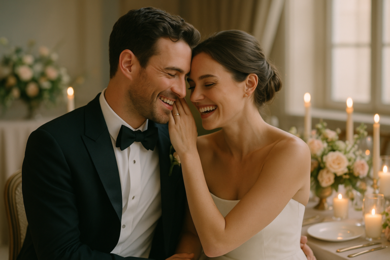 A bride and groom sit close together at a decorated table, smiling and laughing, surrounded by candles and floral arrangements, with perfect wedding photography lighting inspired by Charlie Patric's guide.