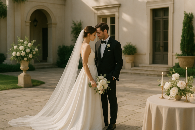 A bride and groom stand close together in an elegant courtyard, capturing 2026 trends; the bride holds a bouquet, the groom wears a tuxedo, and a decorated table with candles enhances this stylish scene of modern wedding planning.