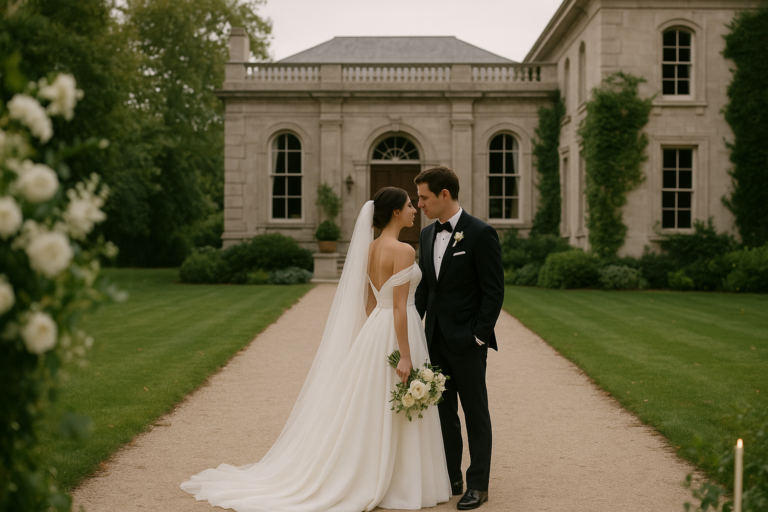 A bride and groom stand facing each other on a gravel path in front of a stately stone wedding venue, surrounded by manicured lawns and greenery.