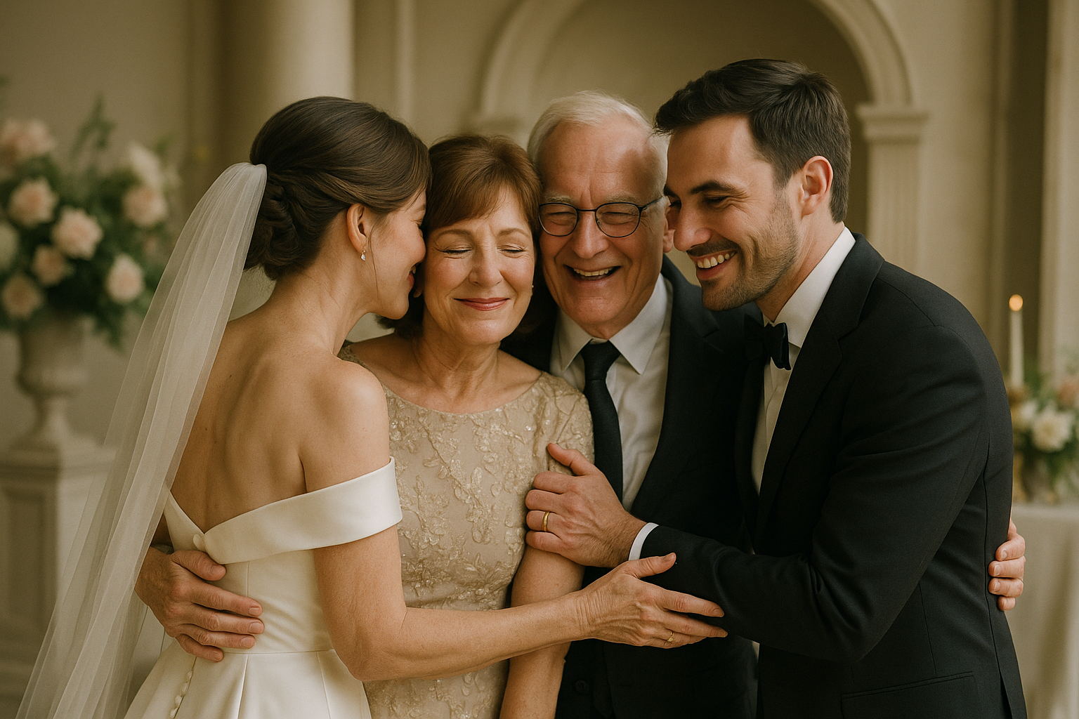 A bride and groom in formal wedding attire embrace and smile with two older adults, likely parents, in an elegantly decorated indoor setting—capturing family moments that make timeless wedding family photos.