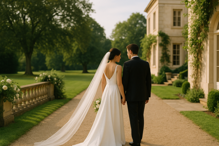 A bride and groom stand hand in hand on a garden path outside a large, elegant building, surrounded by greenery and flowers—the perfect backdrop for wedding family photos.
