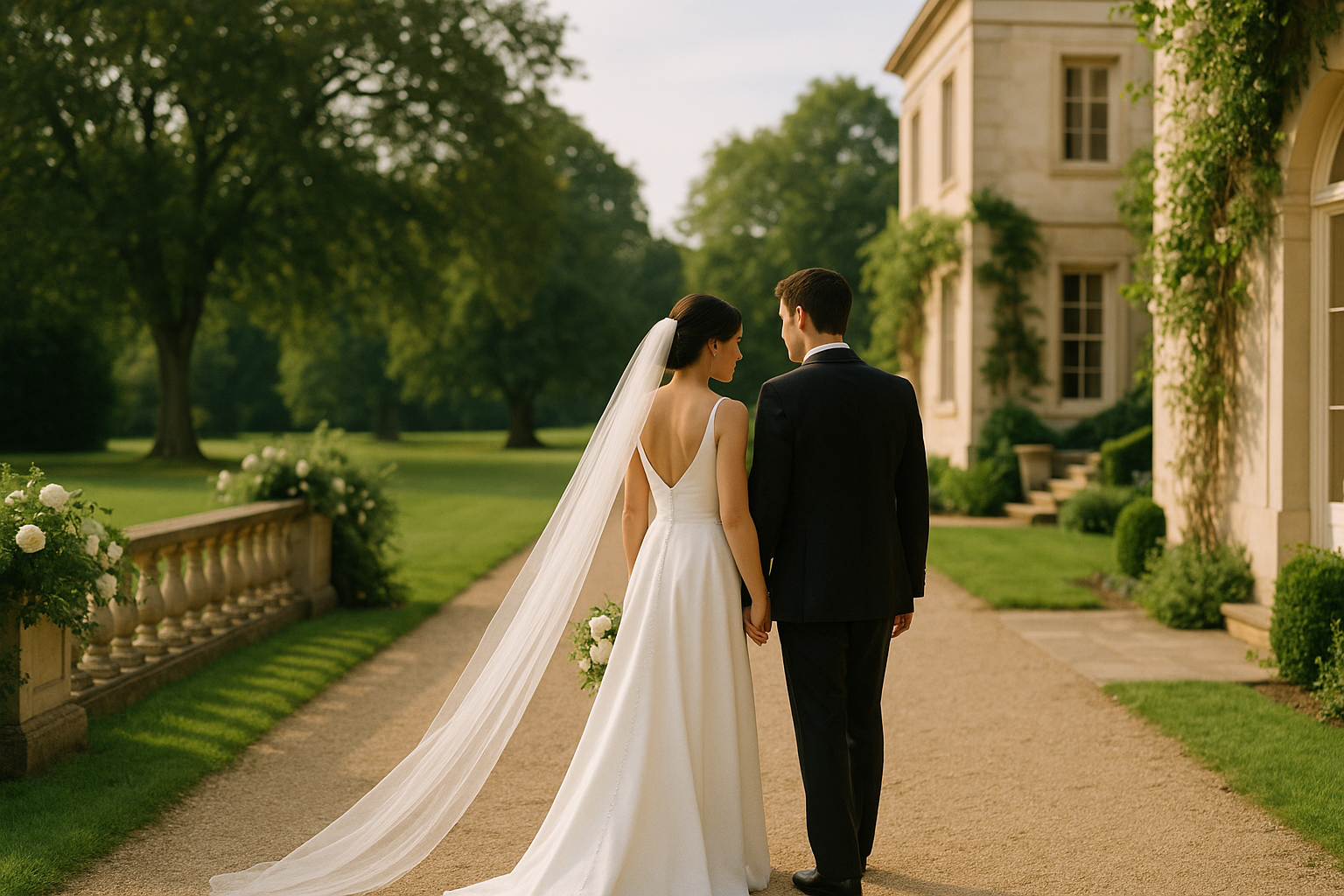 A bride and groom stand hand in hand on a garden path outside a large, elegant building, surrounded by greenery and flowers—the perfect backdrop for wedding family photos.