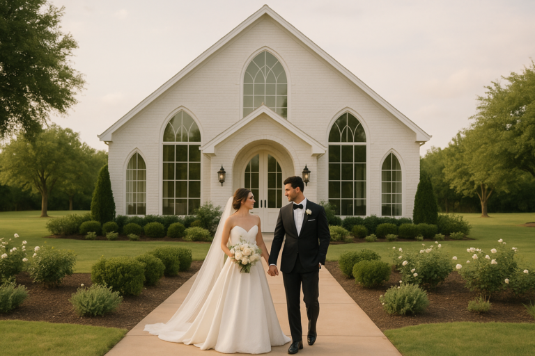 A bride and groom hold hands and walk down a path in front of a white chapel, surrounded by greenery—one of the most charming wedding photoshoot locations in Frisco, Texas.