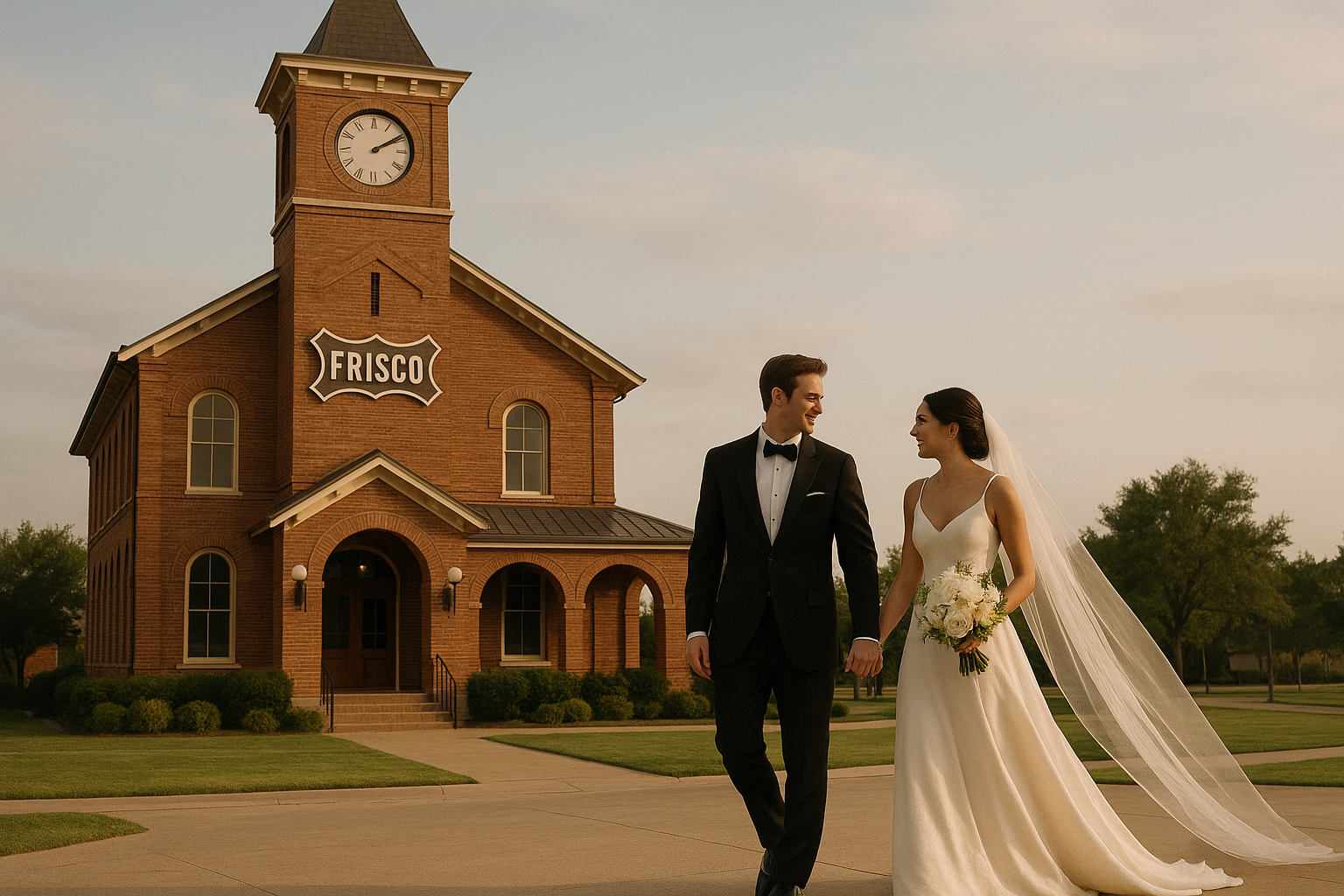 A bride and groom in formal attire walk hand in hand outside a red-brick building with a clock tower labeled "Frisco," capturing stunning wedding photos at one of the iconic Frisco local landmarks on a clear day.