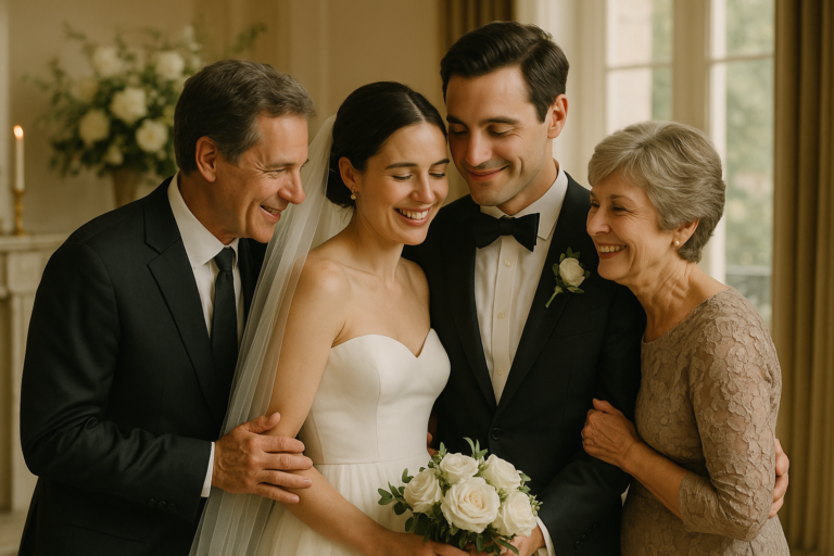 A bride and groom stand closely together, smiling, with an older man and woman beside them in formal attire indoors, holding a bouquet of white roses—perfect inspiration for wedding pictures with family.