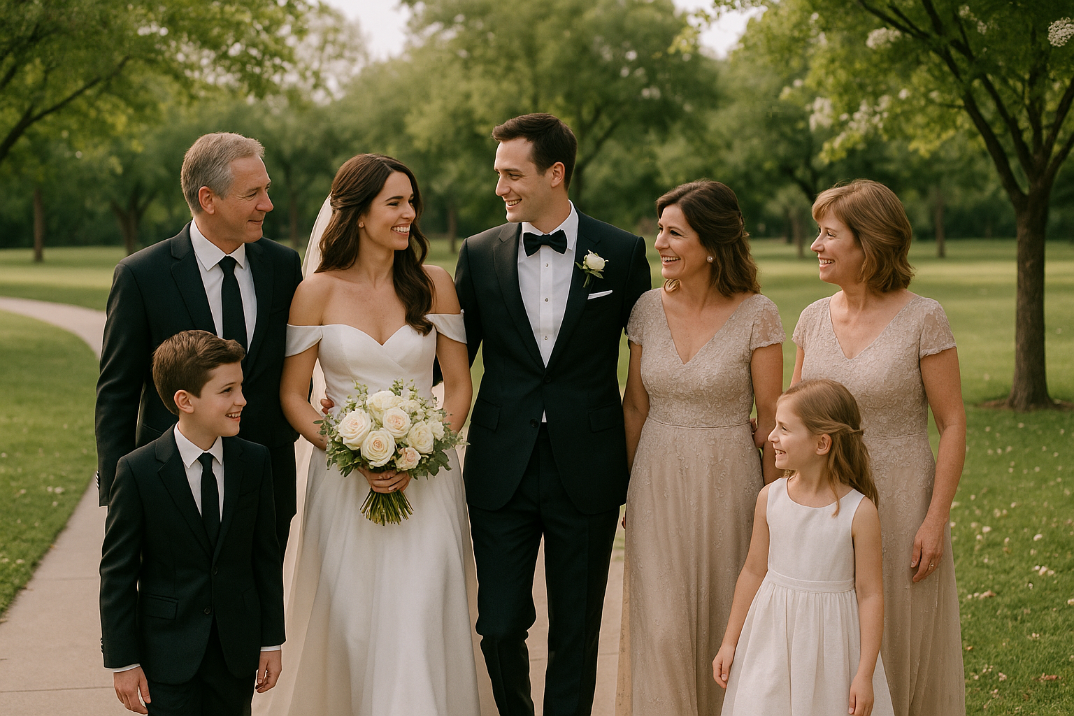 A bride and groom stand outdoors with four family members, all dressed in formal attire, smiling and walking together on a paved path at Frisco Commons Park—perfect for wedding photo ideas with family amidst beautiful trees.