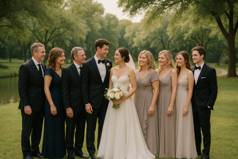 A bride and groom pose with family and bridesmaids in a formal group shot—perfect inspiration for wedding family photos ideas—amid the beautiful scenery at Frisco Commons Park.
