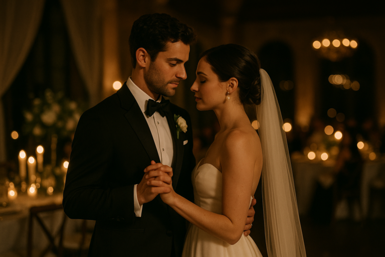A bride and groom in formal attire share a slow dance at their wedding reception, surrounded by warm candlelight and elegant decorations—an unforgettable moment captured through expert wedding photography.