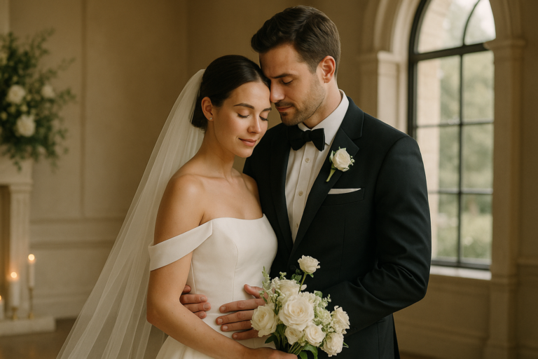 A bride and groom stand closely together indoors, the bride holding a bouquet of white flowers. Both have their eyes closed, dressed in formal wedding attire—an intimate moment captured by Charlie Classic Photography, experts in Wedding Photography in Frisco.