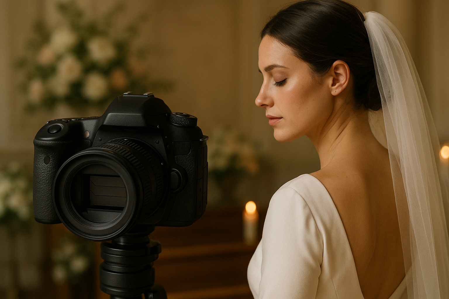 A bride in a white dress and veil stands indoors beside a professional camera on a tripod, showcasing the artistry of wedding photography, with floral arrangements and candles in the background.