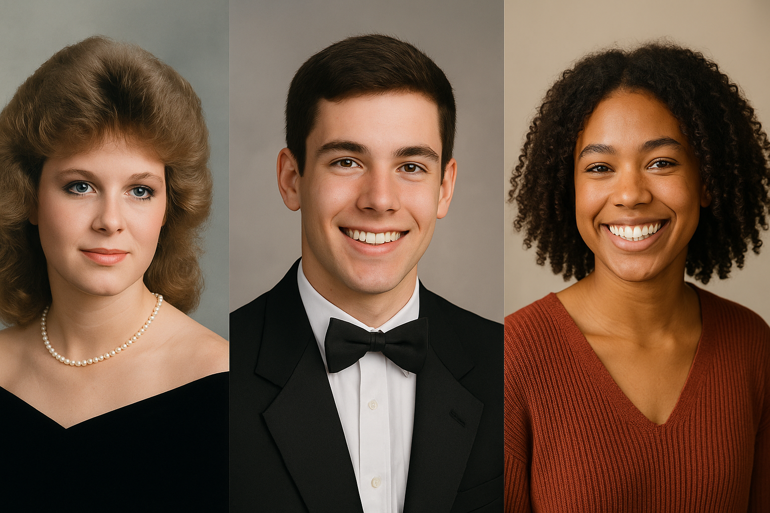 Three individual studio portraits: a woman with styled blond hair and a pearl necklace, a man in a tuxedo, and a woman with curly hair in a brown sweater—classic 1980s smiles that showcase the evolution of senior portraits.