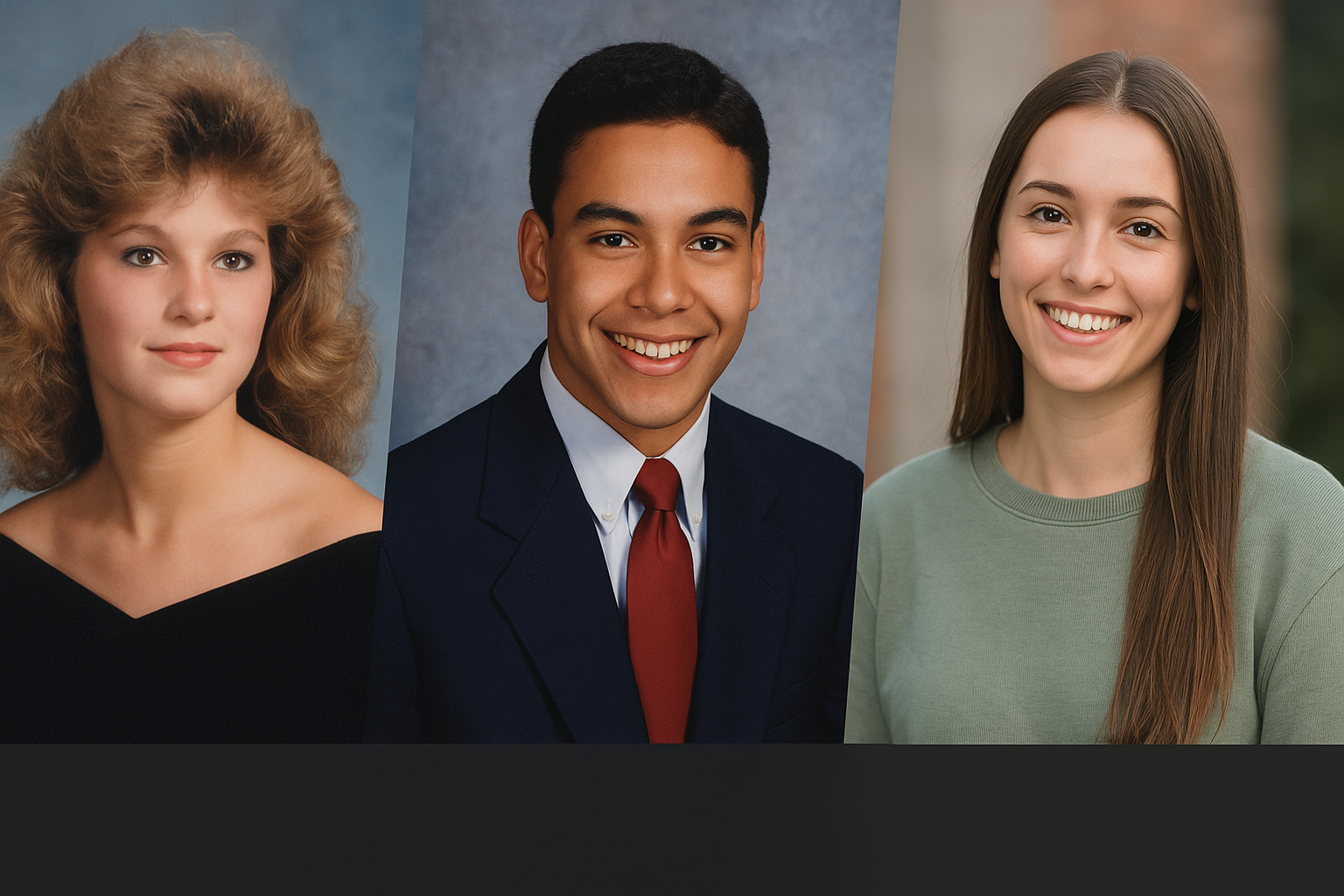 Three individual portraits reflect the senior portraits evolution: a woman with styled blonde hair in a black top, a man in a suit and red tie, and a woman with straight brown hair in a green sweatshirt, all smiling.