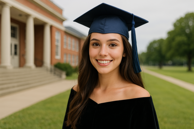 A young woman wearing a graduation cap and gown stands outside a school building, smiling at the camera—capturing the joy of senior portraits for graduating seniors.