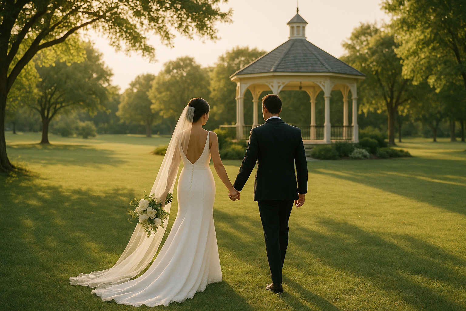 A bride and groom hold hands while walking across a grassy lawn at Frisco Commons Park, heading toward a gazebo surrounded by trees on a sunny day—perfect for romantic wedding photography.
