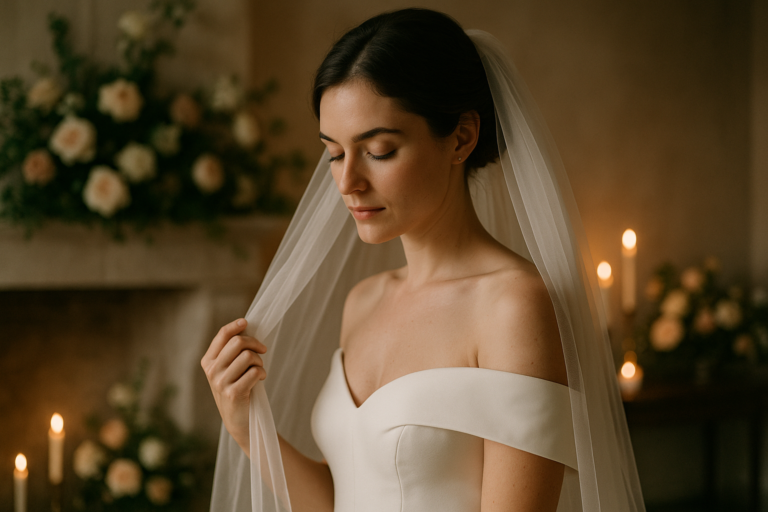 A bride in an off-the-shoulder white wedding dress and veil stands indoors with her eyes closed, surrounded by candles and floral arrangements—a timeless scene perfect for wedding photography using either electronic vs mechanical shutter.