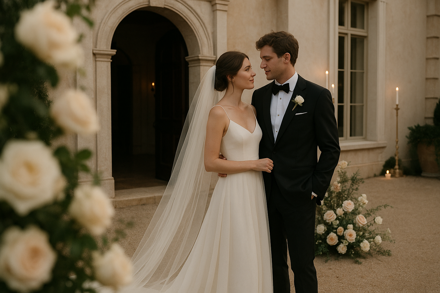 A bride and groom in formal wedding attire stand closely together outside a stone building, surrounded by white roses and candles—a timeless scene inspired by elegant wedding themes 2026 and classic wedding photography trends.