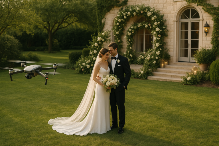 A bride and groom stand together outside a stone building adorned with flowers, as a drone used for wedding photography hovers nearby on the grassy lawn.