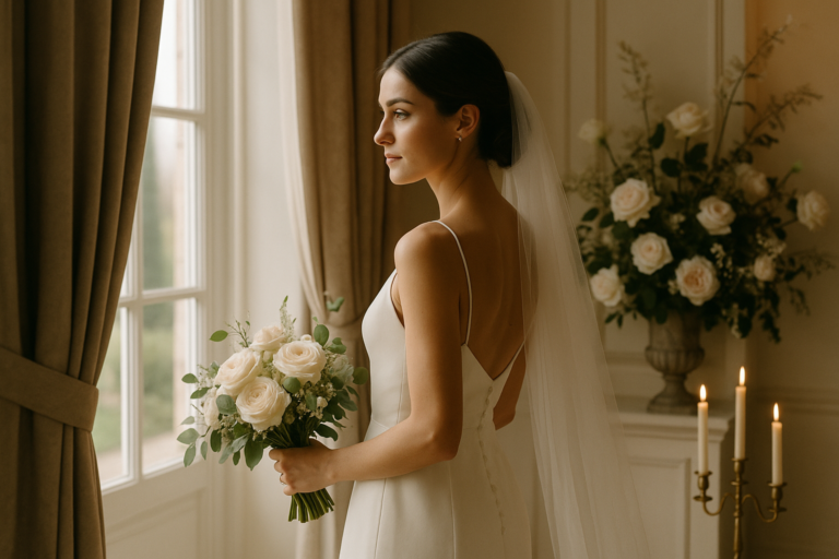 A bride in a white dress holds a bouquet of white roses, standing by a window with beige curtains—a perfect scene for wedding photography where choosing between electronic shutter vs mechanical shutter can make all the difference.