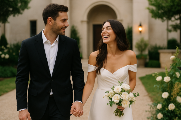 A couple dressed in formal attire, with the woman in a white dress holding a bouquet of white roses, walk hand in hand outside a building and smile at each other, capturing a timeless moment of wedding photography.