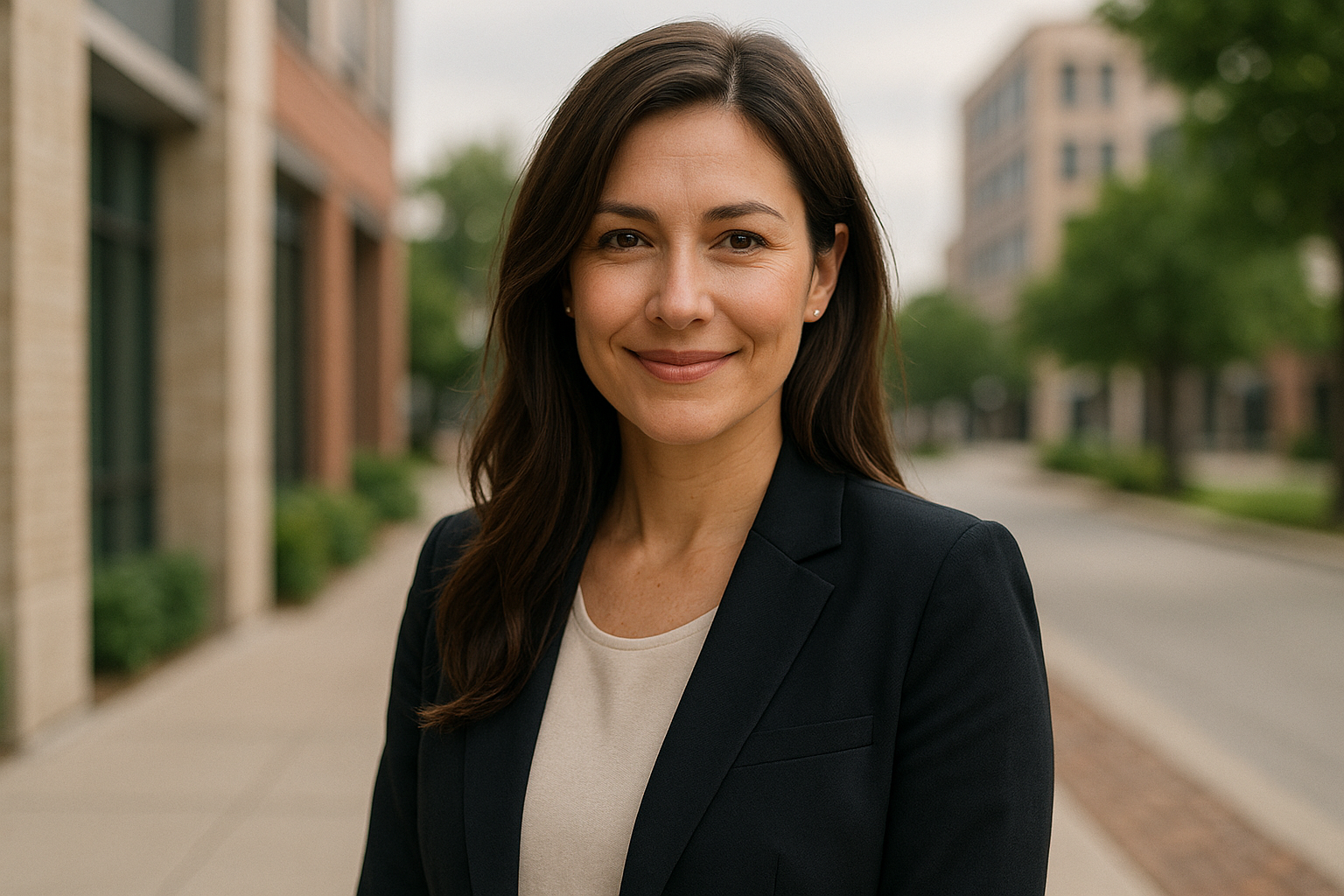 A woman smiling at the camera, framed by unique backdrops inspired by Frisco landmarks—perfect for professional headshots with local flair.