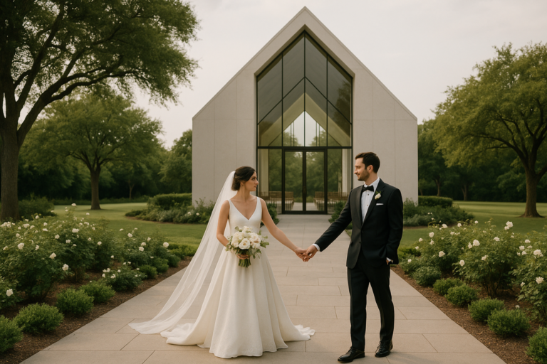 A bride and groom stand holding hands on a stone path in front of a modern chapel, surrounded by greenery and white flowers—one of the top Frisco photo locations perfect for stunning wedding photography.