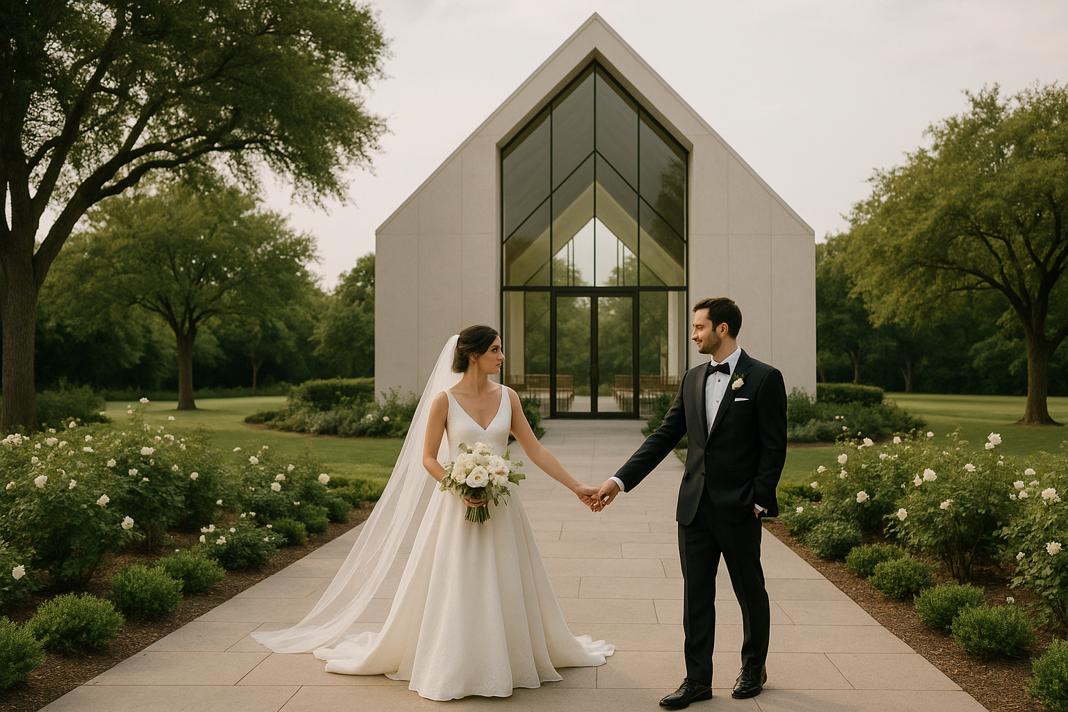 A bride and groom stand holding hands on a stone path in front of a modern chapel, surrounded by greenery and white flowers—one of the top Frisco photo locations perfect for stunning wedding photography.