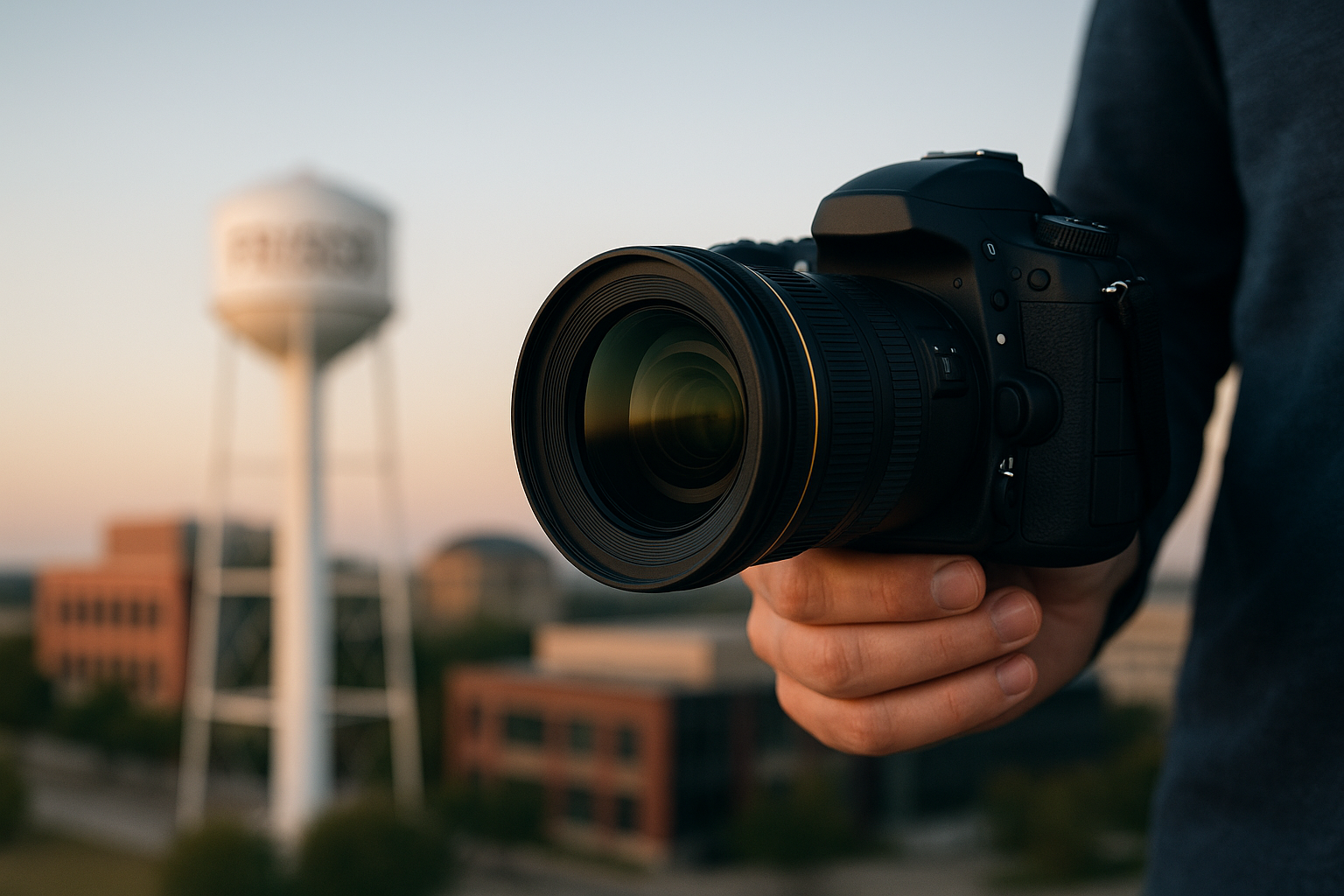 A person holds a DSLR camera outdoors in Frisco, Texas, with a blurred water tower and brick buildings in the background at sunset—perfect for an event photographer capturing the city's golden hour charm.